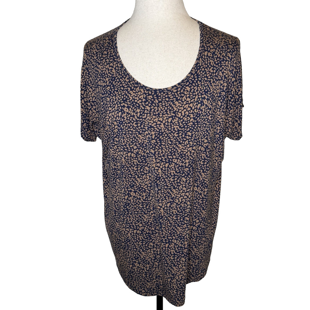 Lands’ End Women XLT Short Sleeve Small Print Rayon Stretch Tunic Top Blue Tan